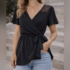 June & Hudson Black Lace Wrap Top Small Tie Waist Blouse